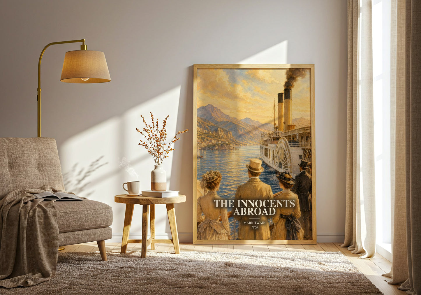 The Innocents Abroad watercolour print in frame leaning in hallway – non fiction wall art