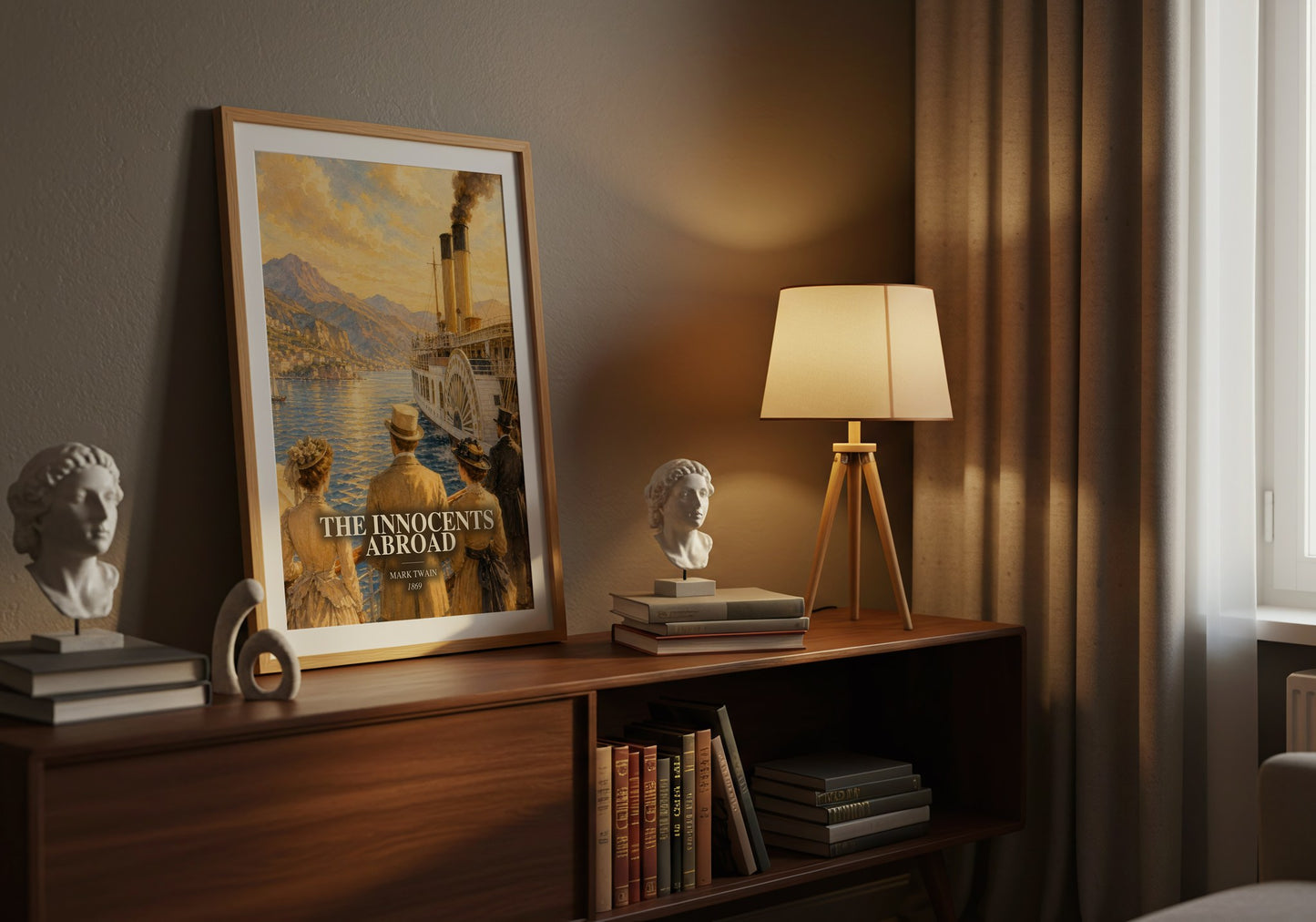 The Innocents Abroad watercolour print on bookshelf – Mark Twain fan gift