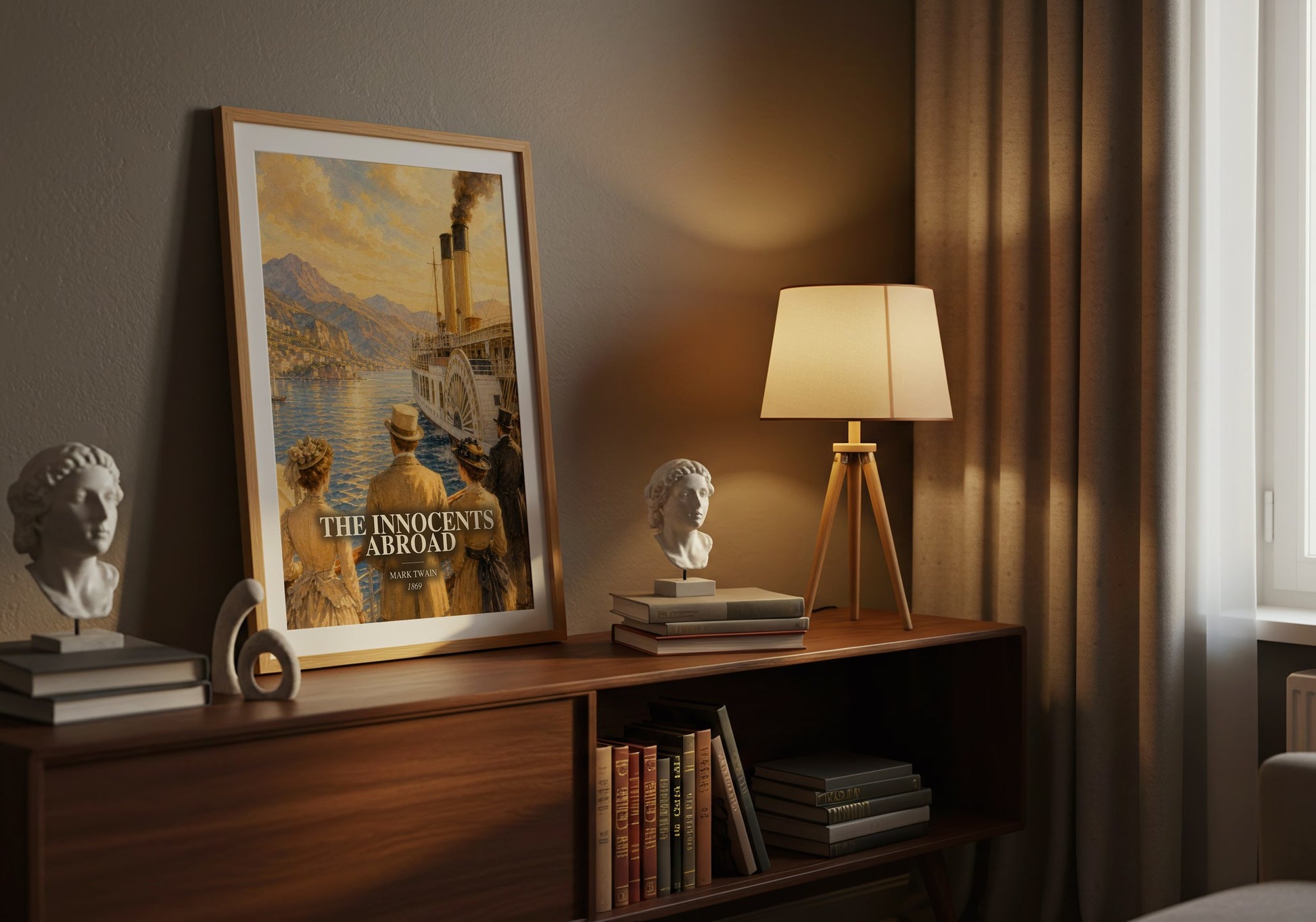 The Innocents Abroad watercolour print on bookshelf – Mark Twain fan gift