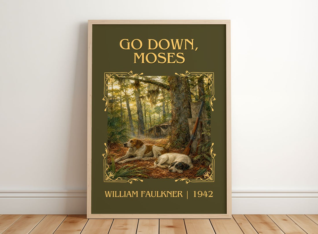 Go Down, Moses Classic Book Art Print by William Faulkner – framed print leaning on a wooden floor