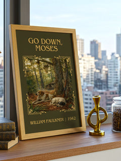 Go Down, Moses Classic Book Art Print by William Faulkner – framed print on a city-view windowsill