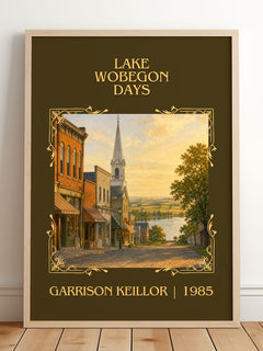 Lake Wobegon Days Classic Book Art Print by Garrison Keillor – framed print leaning on a wooden floor