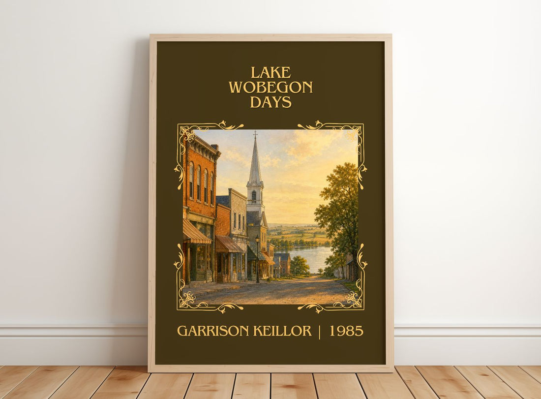 Lake Wobegon Days Classic Book Art Print by Garrison Keillor – framed print leaning on a wooden floor