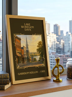 Lake Wobegon Days Classic Book Art Print by Garrison Keillor – framed print on a city-view windowsill