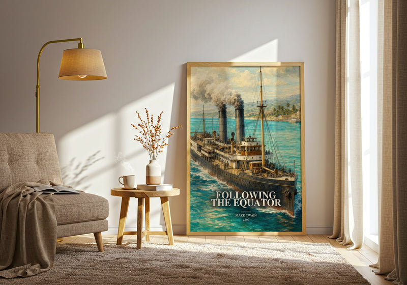Following The Equator watercolour print in frame leaning in hallway – non fiction wall art