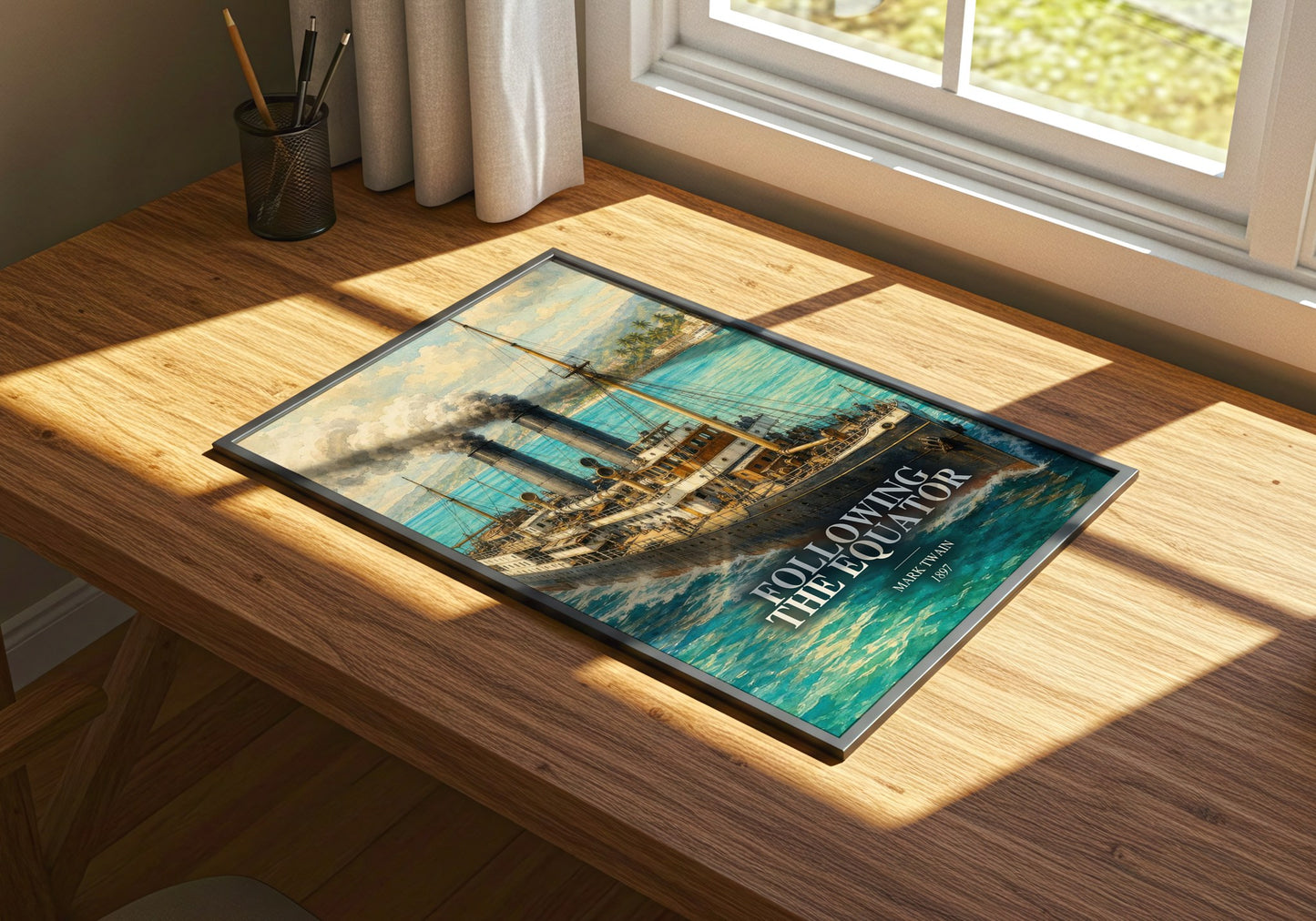 Following The Equator watercolour book poster framed on wall – non fiction wall art