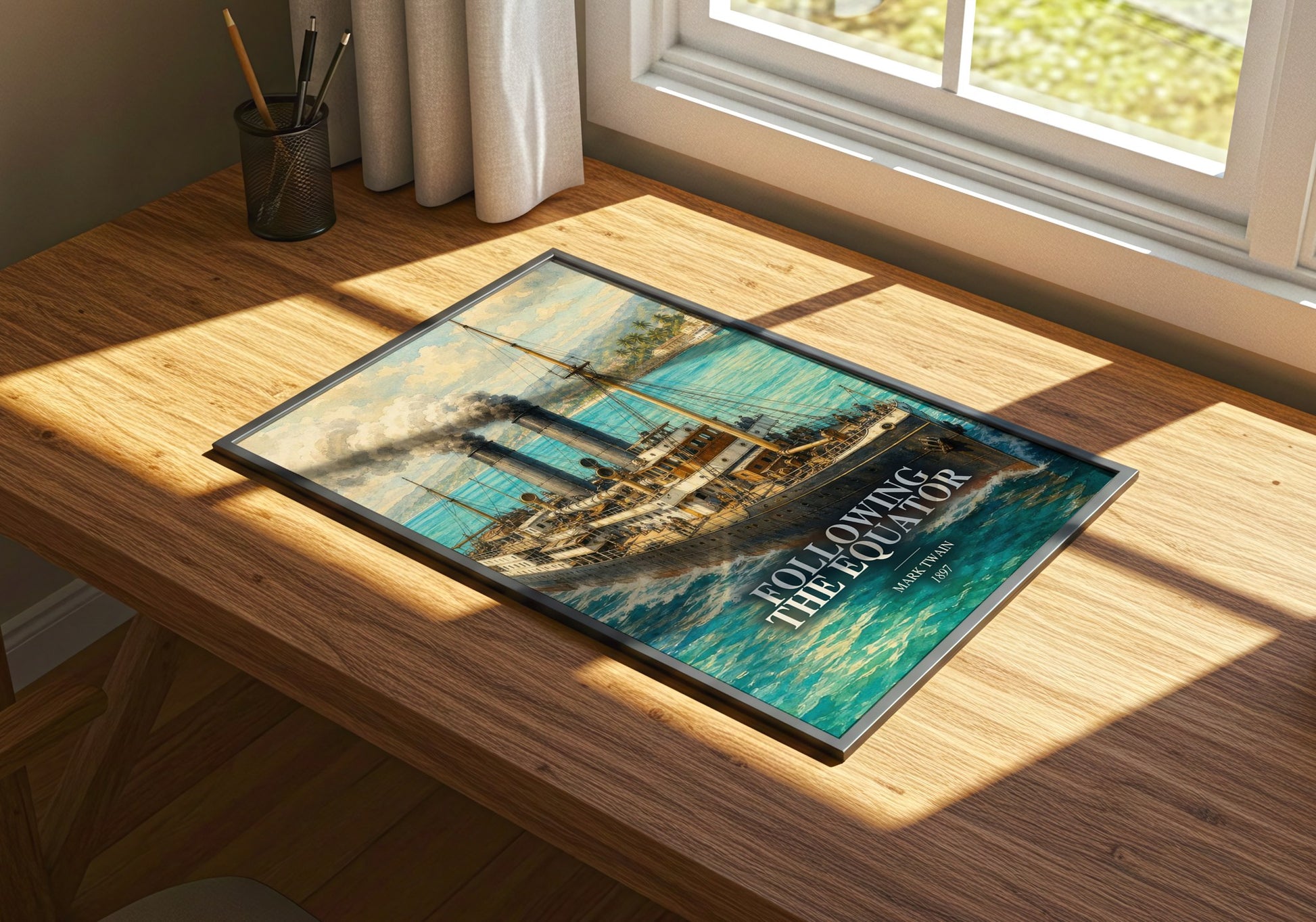 Following The Equator watercolour book poster framed on wall – non fiction wall art