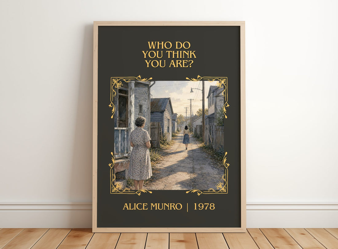Who Do You Think You Are? Classic Book Art Print by Alice Munro – framed print leaning on a wooden floor