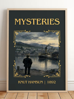 Mysteries Classic Book Art Print by Knut Hamsun – framed print leaning on a wooden floor
