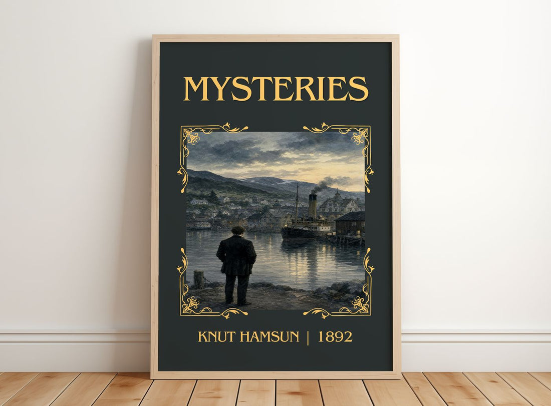 Mysteries Classic Book Art Print by Knut Hamsun – framed print leaning on a wooden floor