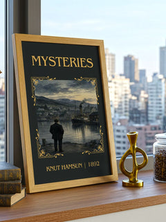 Mysteries Classic Book Art Print by Knut Hamsun – framed print on a city-view windowsill