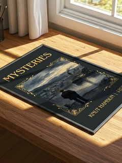 Mysteries Classic Book Art Print by Knut Hamsun – print on a sunlit desk