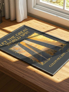 Let the Great World Spin Classic Book Art Print by Colum McCann – print on a sunlit desk