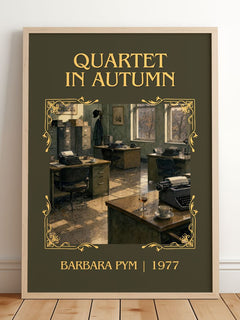Quartet in Autumn Classic Book Art Print by Barbara Pym – framed print leaning on a wooden floor