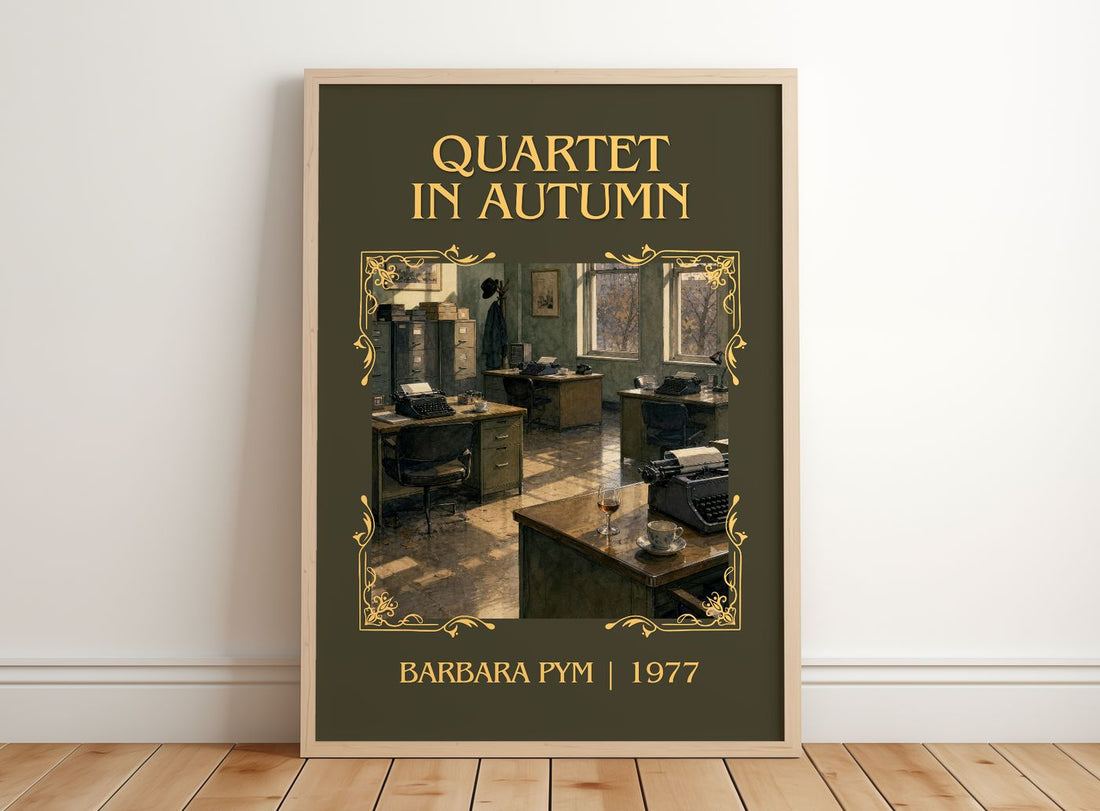 Quartet in Autumn Classic Book Art Print by Barbara Pym – framed print leaning on a wooden floor