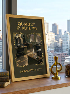 Quartet in Autumn Classic Book Art Print by Barbara Pym – framed print on a city-view windowsill