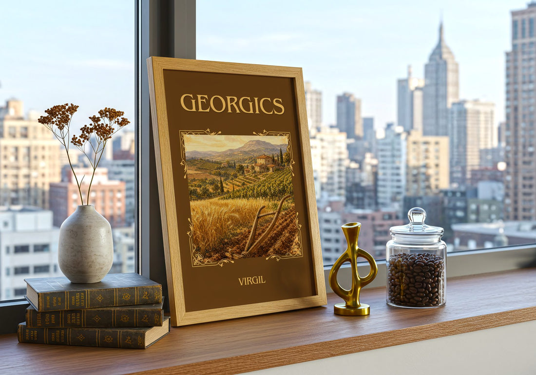 Georgics Classic Book Art Print by Virgil – framed print on a city-view windowsill