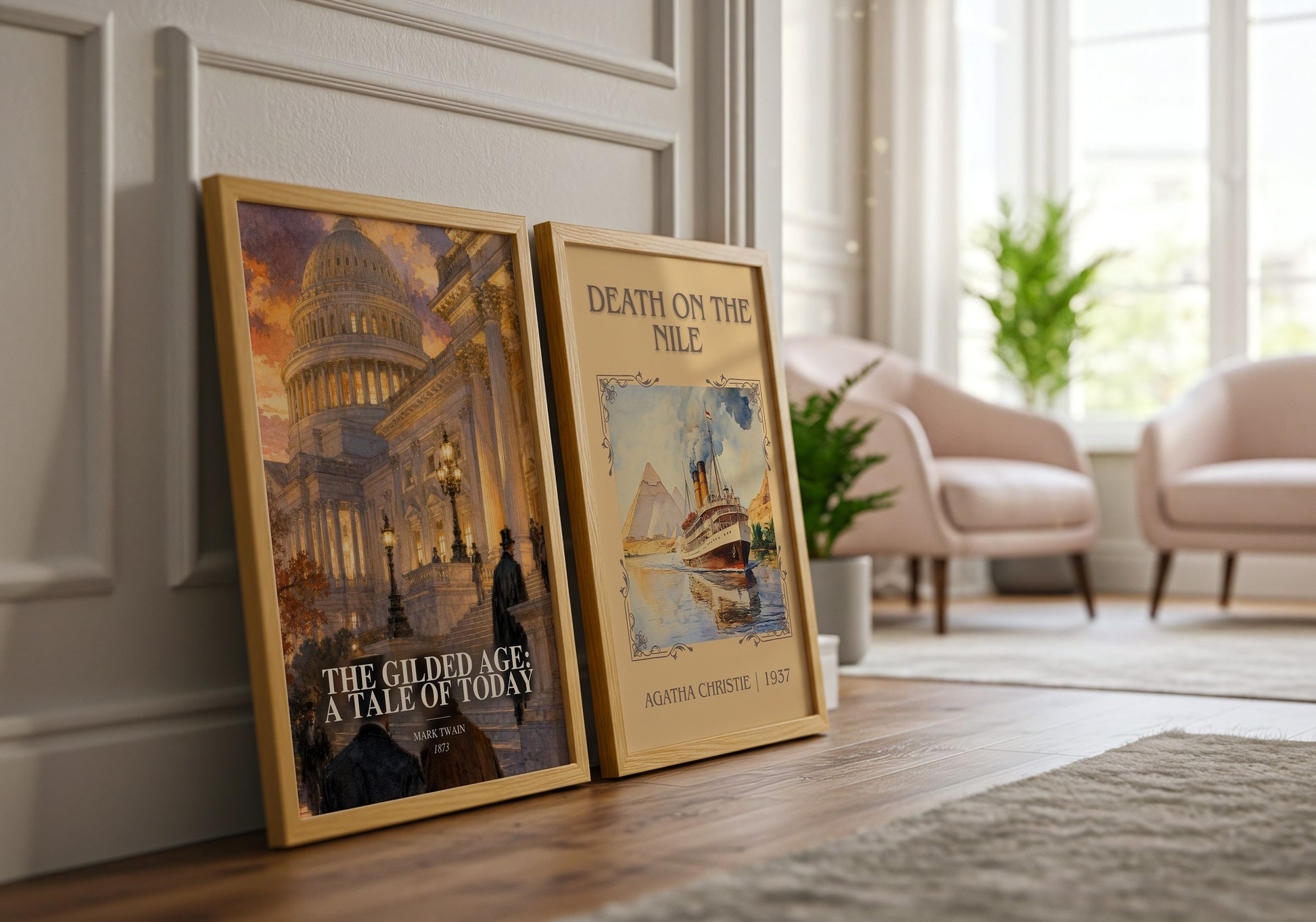 The Gilded Age: A Tale Of Today watercolour print framed by window – literary home decor