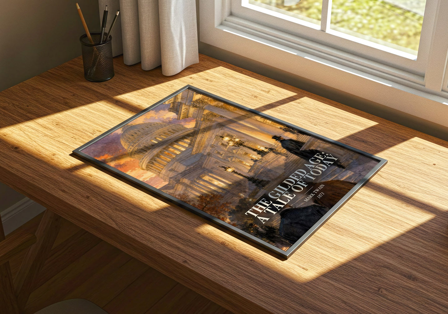 The Gilded Age: A Tale Of Today watercolour book poster framed on wall – satire wall art