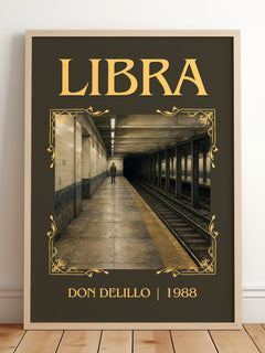 Libra Classic Book Art Print by Don DeLillo – framed print leaning on a wooden floor