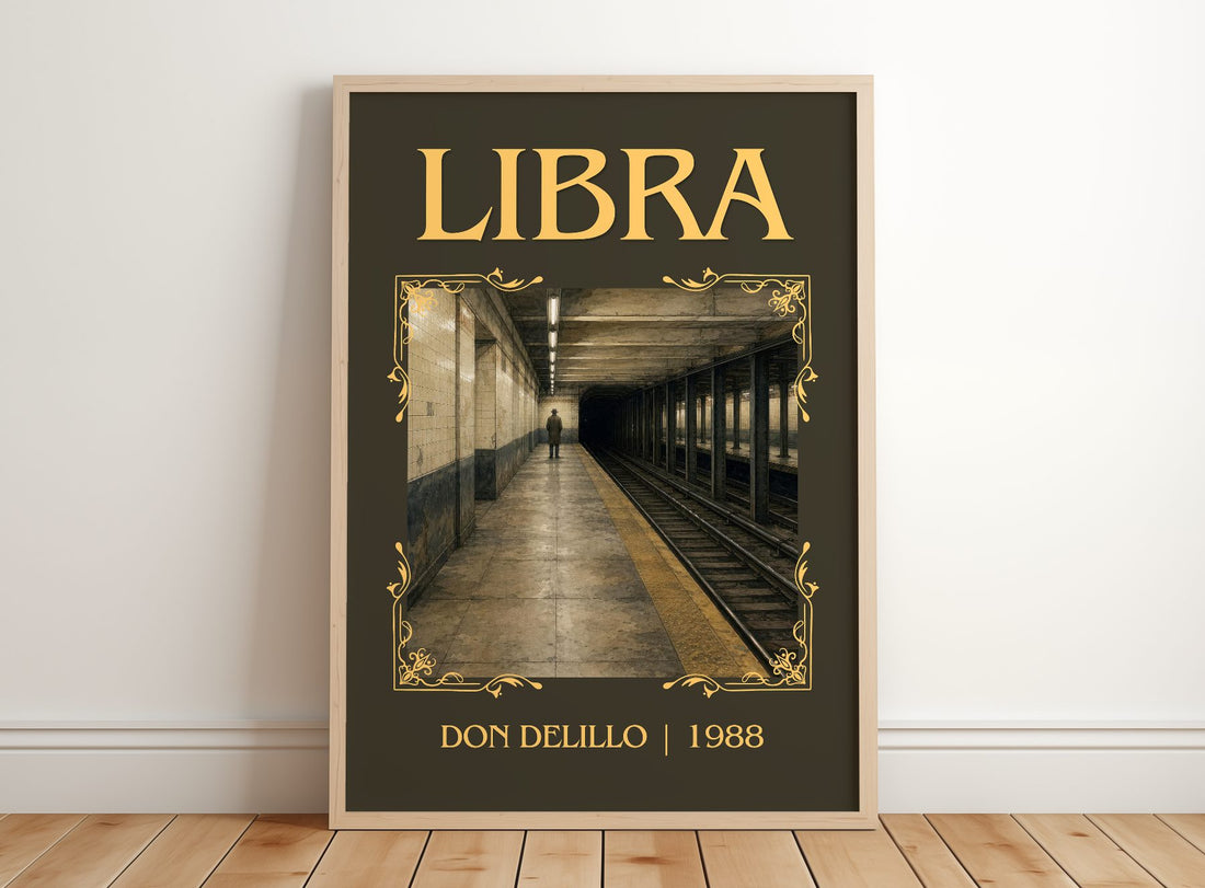 Libra Classic Book Art Print by Don DeLillo – framed print leaning on a wooden floor