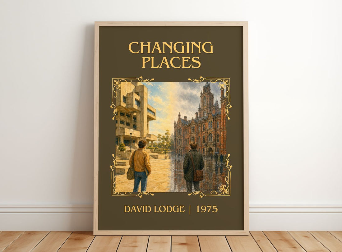 Changing Places Classic Book Art Print by David Lodge – framed print leaning on a wooden floor