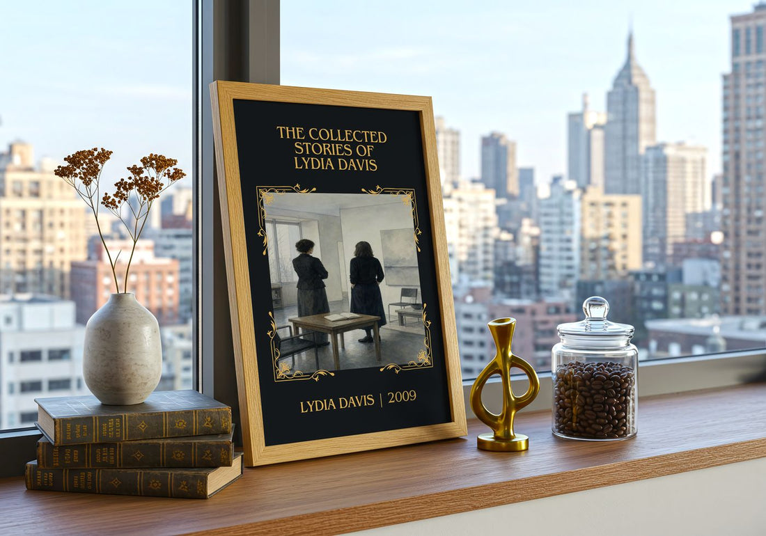 Collected Stories Of Lydia Davis Classic Book Art Print by Lydia Davis – framed print on a city-view windowsill