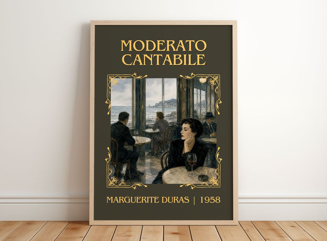 Moderato Cantabile Classic Book Art Print by Marguerite Duras – framed print leaning on a wooden floor