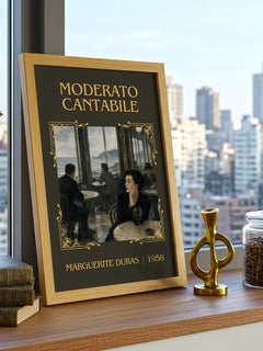 Moderato Cantabile Classic Book Art Print by Marguerite Duras – framed print on a city-view windowsill