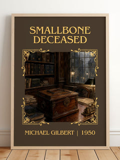 Smallbone Deceased Classic Book Art Print by Michael Gilbert – framed print leaning on a wooden floor