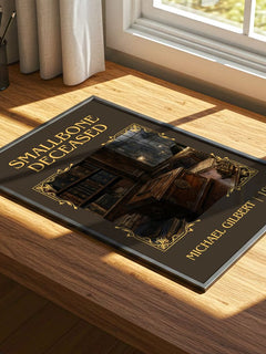 Smallbone Deceased Classic Book Art Print by Michael Gilbert – print on a sunlit desk