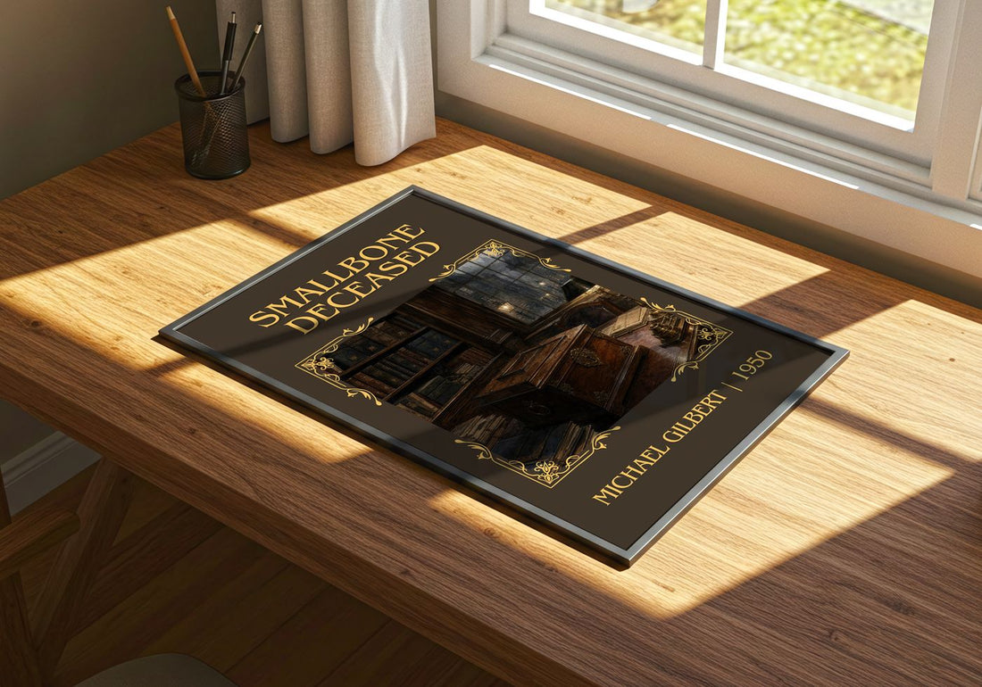 Smallbone Deceased Classic Book Art Print by Michael Gilbert – print on a sunlit desk
