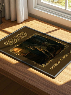 Great Tales Of Terror And The Supernatural Classic Book Art Print by Herbert A. Wise – print on a sunlit desk