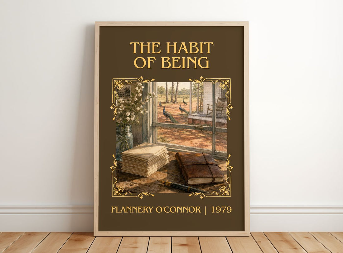 The Habit of Being Classic Book Art Print by Flannery O'Connor – framed print leaning on a wooden floor