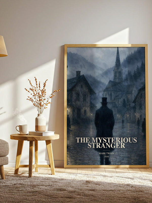 The Mysterious Stranger watercolour print in frame leaning in hallway – fantasy wall art