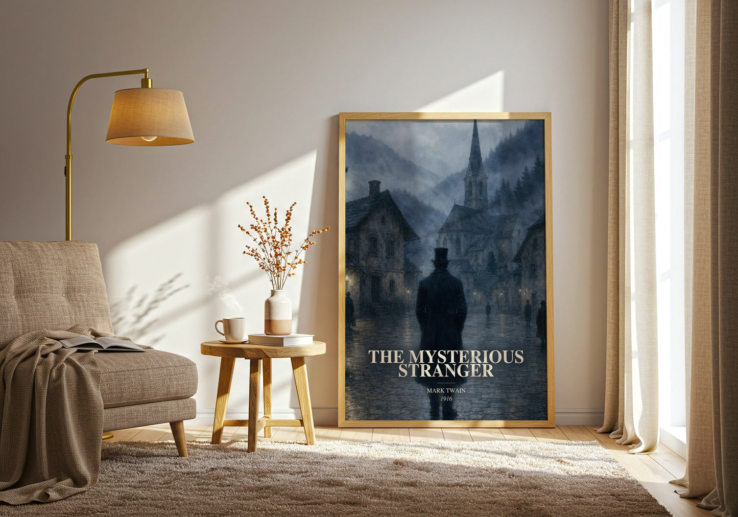 The Mysterious Stranger watercolour print in frame leaning in hallway – fantasy wall art