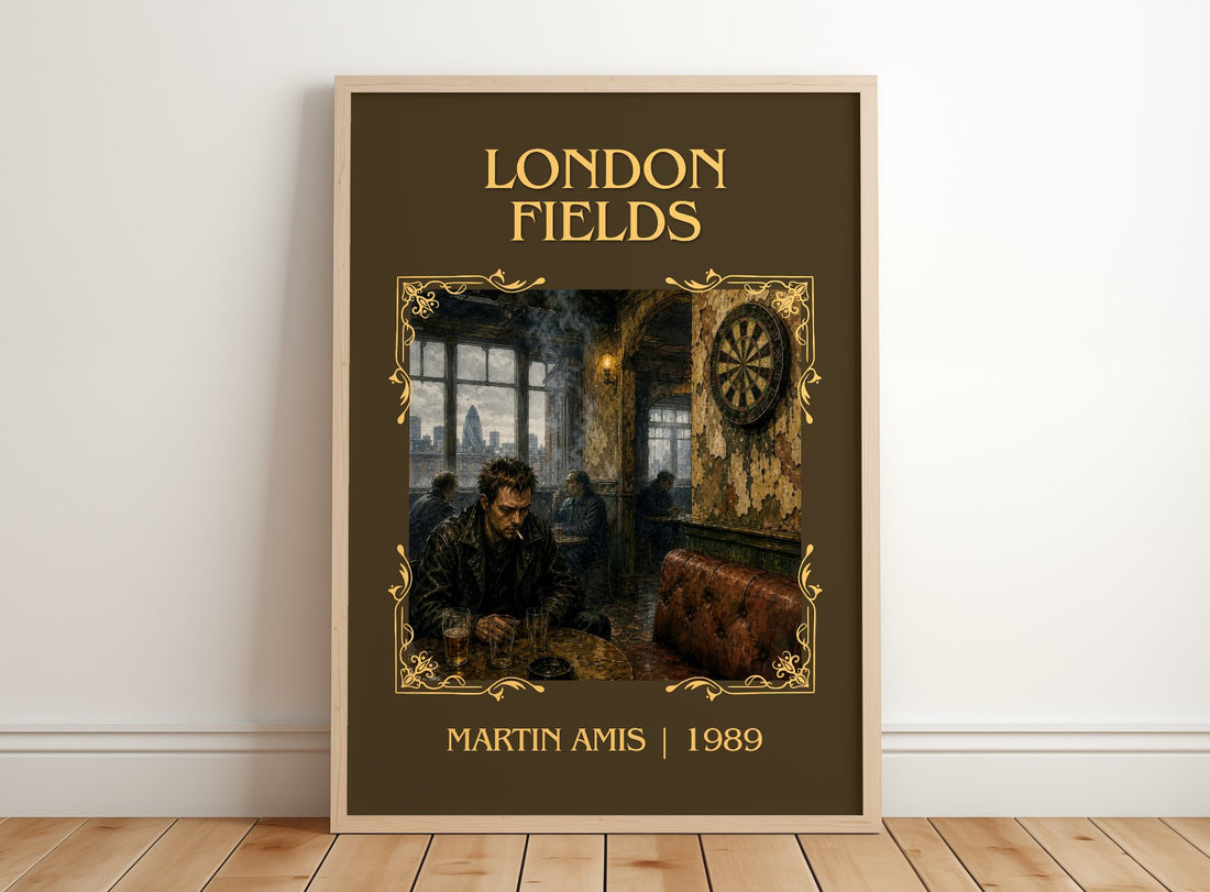 London Fields Classic Book Art Print by Martin Amis – framed print leaning on a wooden floor