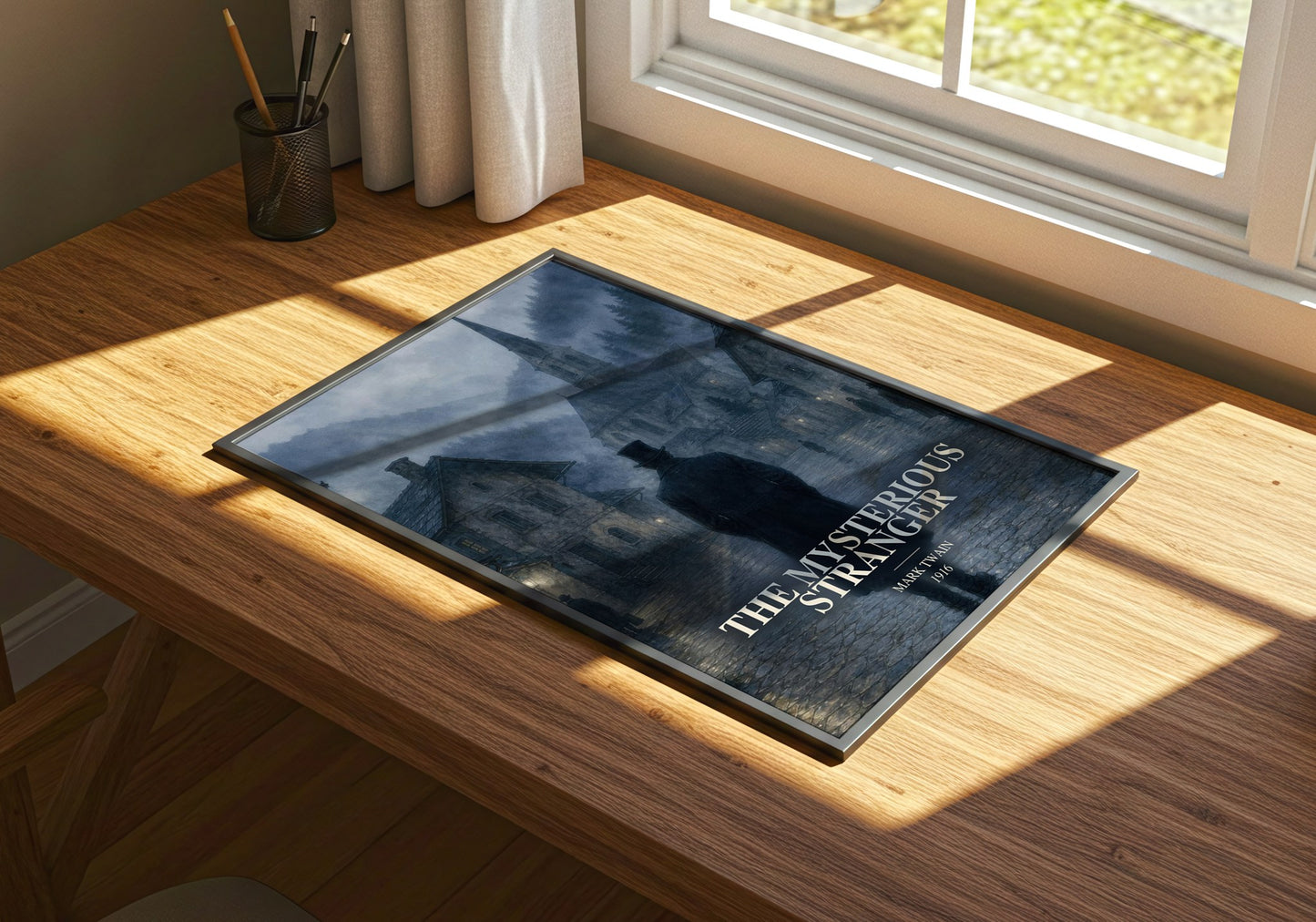 The Mysterious Stranger watercolour book poster framed on wall – fantasy wall art
