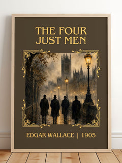 The Four Just Men Classic Book Art Print by Edgar Wallace – framed print leaning on a wooden floor