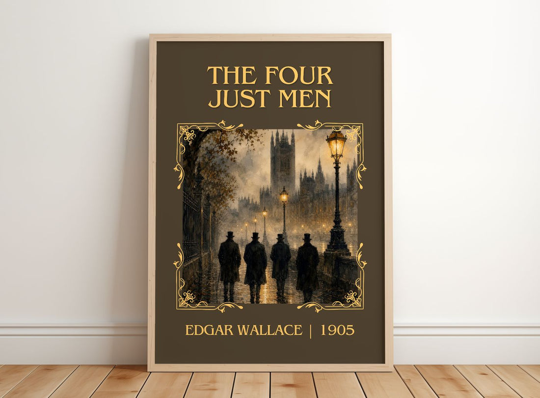 The Four Just Men Classic Book Art Print by Edgar Wallace – framed print leaning on a wooden floor