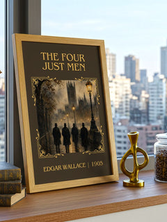 The Four Just Men Classic Book Art Print by Edgar Wallace – framed print on a city-view windowsill
