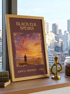 Black Elk Speaks Classic Book Art Print by John G. Neihardt – framed print on a city-view windowsill