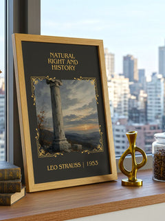 Natural Right and History Classic Book Art Print by Leo Strauss – framed print on a city-view windowsill