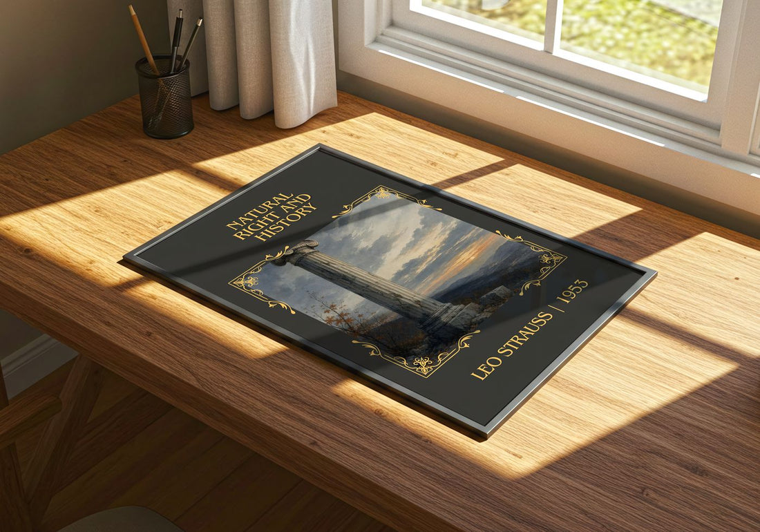 Natural Right and History Classic Book Art Print by Leo Strauss – print on a sunlit desk