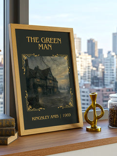 The Green Man Classic Book Art Print by Kingsley Amis – framed print on a city-view windowsill
