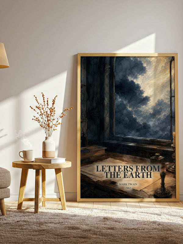 Letters From The Earth watercolour print in frame leaning in hallway – satire wall art