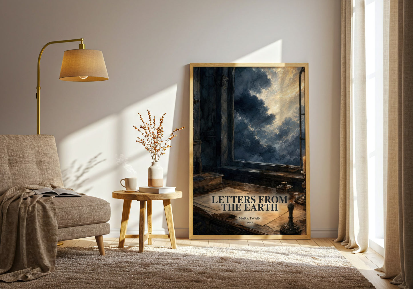 Letters From The Earth watercolour print in frame leaning in hallway – satire wall art