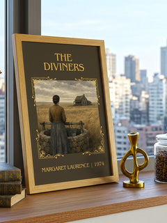 The Diviners Classic Book Art Print by Margaret Laurence – framed print on a city-view windowsill