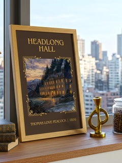 Headlong Hall Classic Book Art Print by Thomas Love Peacock – framed print on a city-view windowsill
