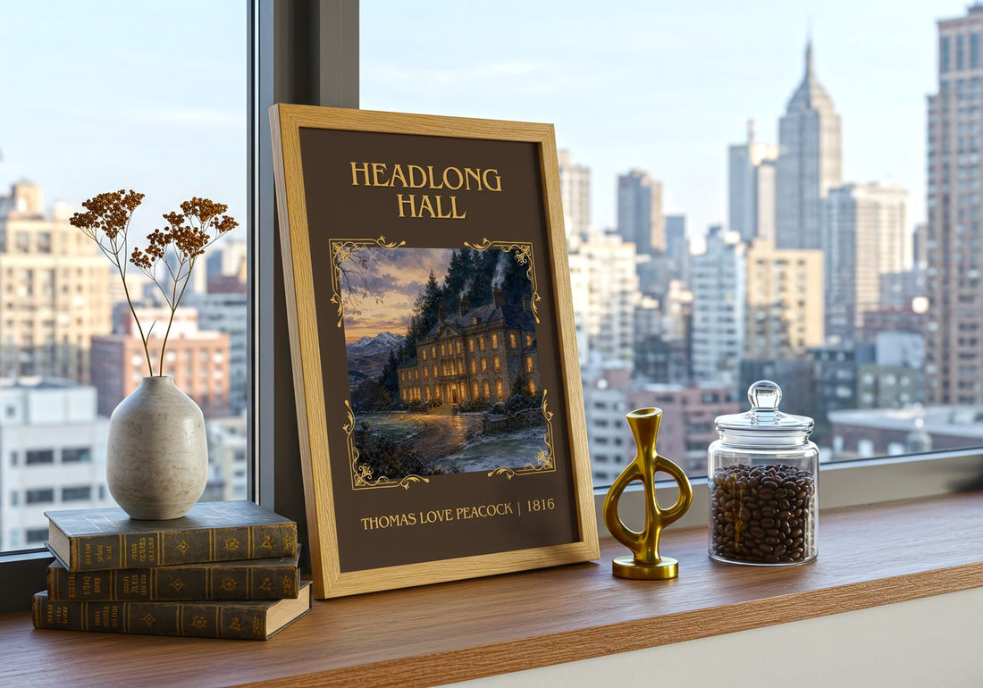 Headlong Hall Classic Book Art Print by Thomas Love Peacock – framed print on a city-view windowsill
